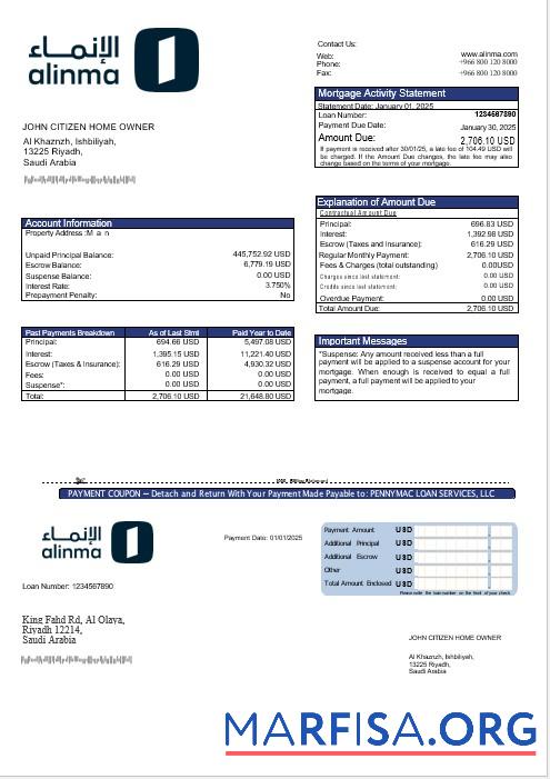 Downloadable Saudi Arabia Alinma bank mortgage statement in Word and PDF formats real example